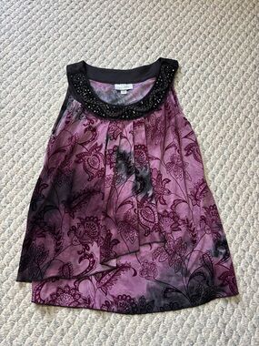 Whimsigoth Beaded Neck Purple Floral Sleeveless Blouse With Velour